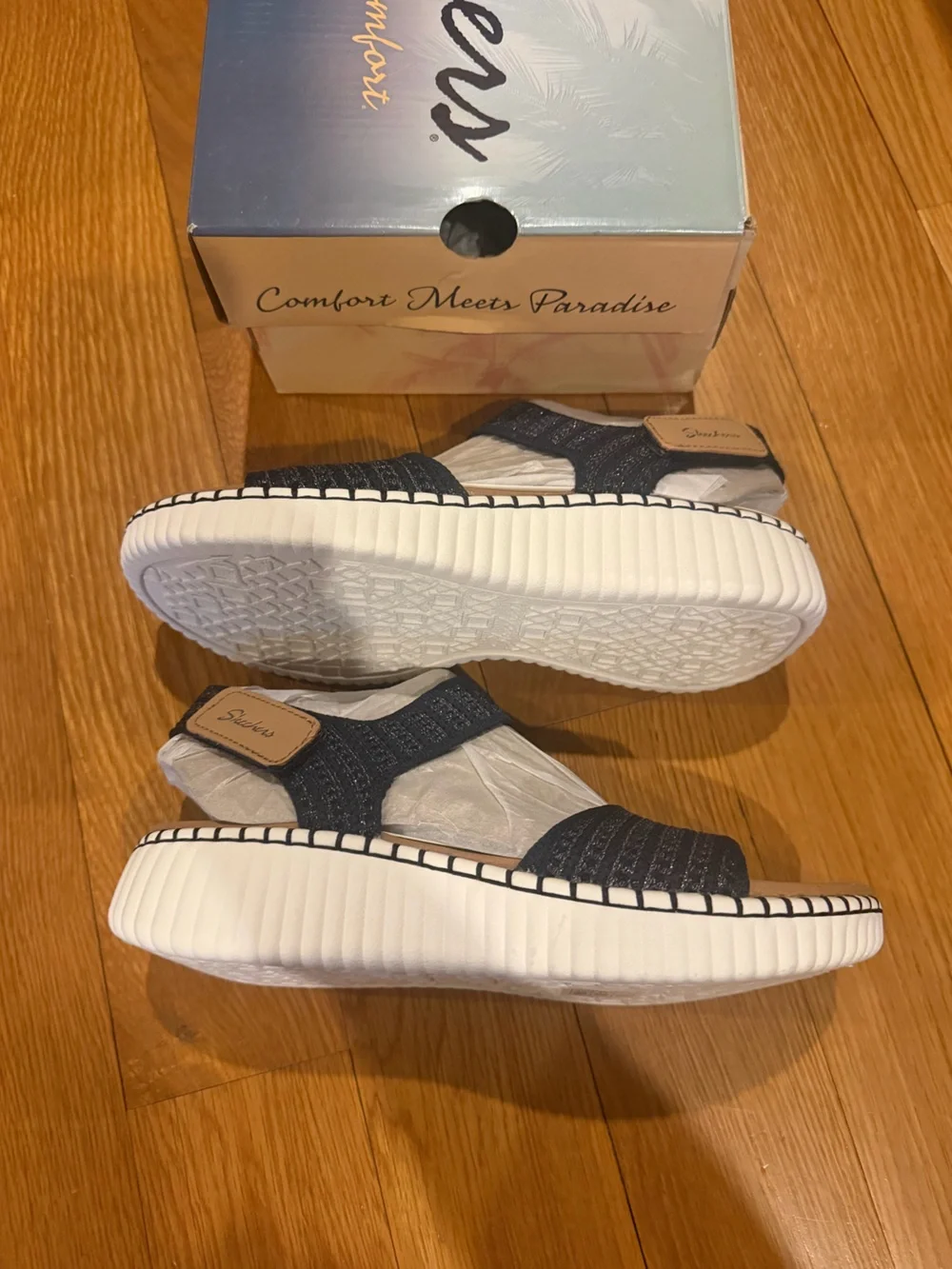 SKECHERS women’s Wilshire Blvd Summertime Inspo Navy Wedge Sandals